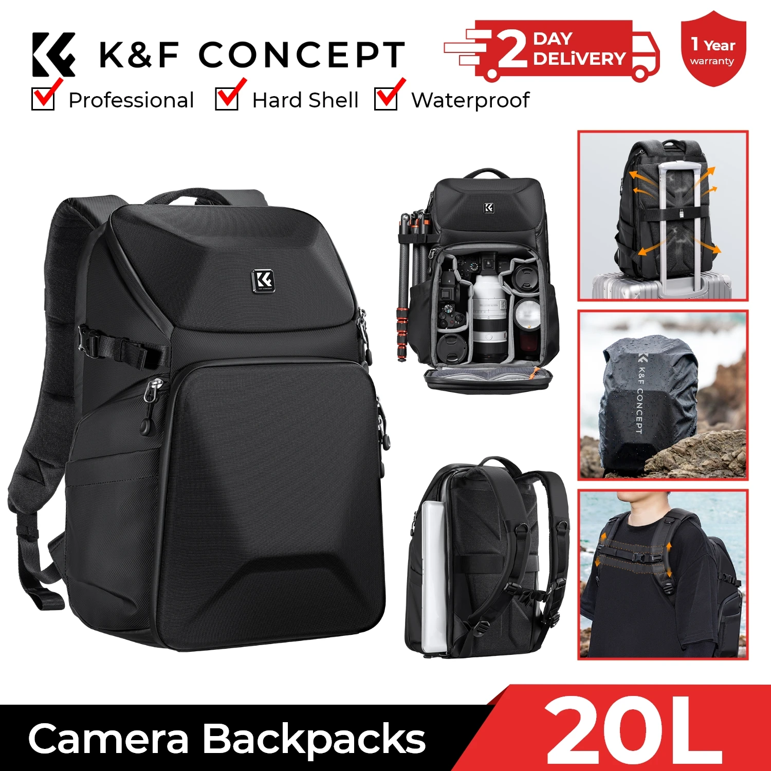Photography Lighting Equipment Bags - K&F CONCEPT 20L Camera Backpack Waterproof